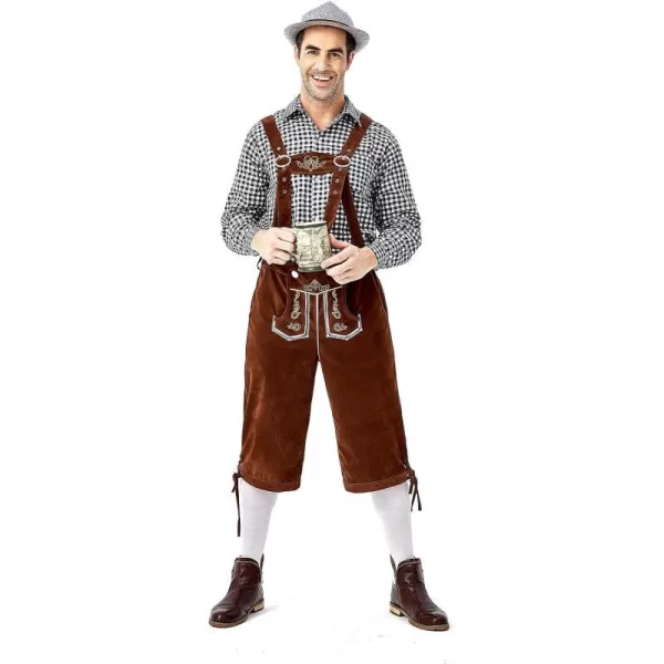 IDOPIP Men Oktoberfest Costume German Bavarian Lederhosen Shorts Set with Hat for Halloween Dress Up Party and Beer FestivalBlack  Brown