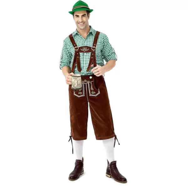 IDOPIP Men Oktoberfest Costume German Bavarian Lederhosen Shorts Set with Hat for Halloween Dress Up Party and Beer FestivalGreen  Brown