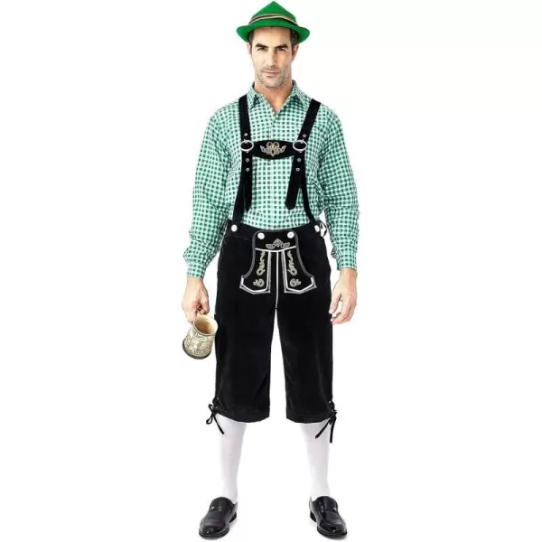 IDOPIP Men Oktoberfest Costume German Bavarian Lederhosen Shorts Set with Hat for Halloween Dress Up Party and Beer FestivalGreen