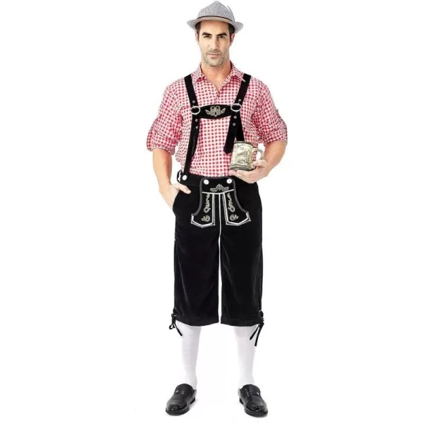 IDOPIP Men Oktoberfest Costume German Bavarian Lederhosen Shorts Set with Hat for Halloween Dress Up Party and Beer FestivalRed