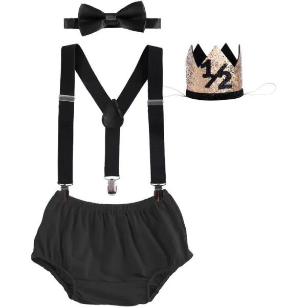 IDOPIP My 12 Birthday Outfit Boy Baby Half Way to One Cake Smash Photo Props Romper Suspenders Bloomers Headband Clothes SetBlack  12 Birthday