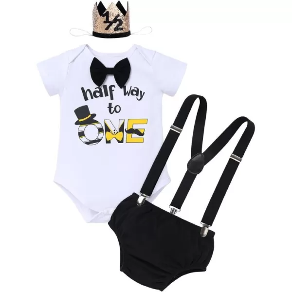 IDOPIP My 12 Birthday Outfit Boy Baby Half Way to One Cake Smash Photo Props Romper Suspenders Bloomers Headband Clothes SetBlack  Yellow