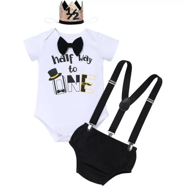 IDOPIP My 12 Birthday Outfit Boy Baby Half Way to One Cake Smash Photo Props Romper Suspenders Bloomers Headband Clothes SetBlack