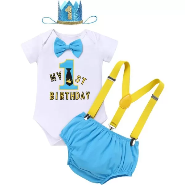 IDOPIP My 12 Birthday Outfit Boy Baby Half Way to One Cake Smash Photo Props Romper Suspenders Bloomers Headband Clothes SetBlue 1st Birthday