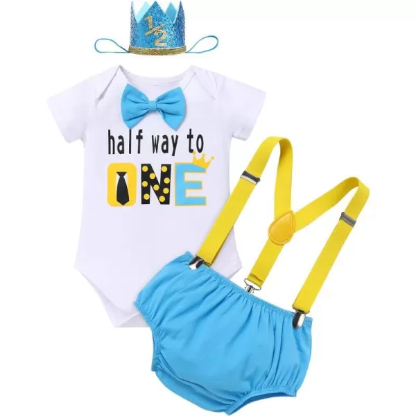 IDOPIP My 12 Birthday Outfit Boy Baby Half Way to One Cake Smash Photo Props Romper Suspenders Bloomers Headband Clothes SetBlue