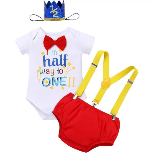 IDOPIP My 12 Birthday Outfit Boy Baby Half Way to One Cake Smash Photo Props Romper Suspenders Bloomers Headband Clothes SetRed