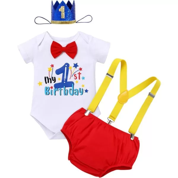 IDOPIP My 12 Birthday Outfit Boy Baby Half Way to One Cake Smash Photo Props Romper Suspenders Bloomers Headband Clothes SetRed 1st Birthday