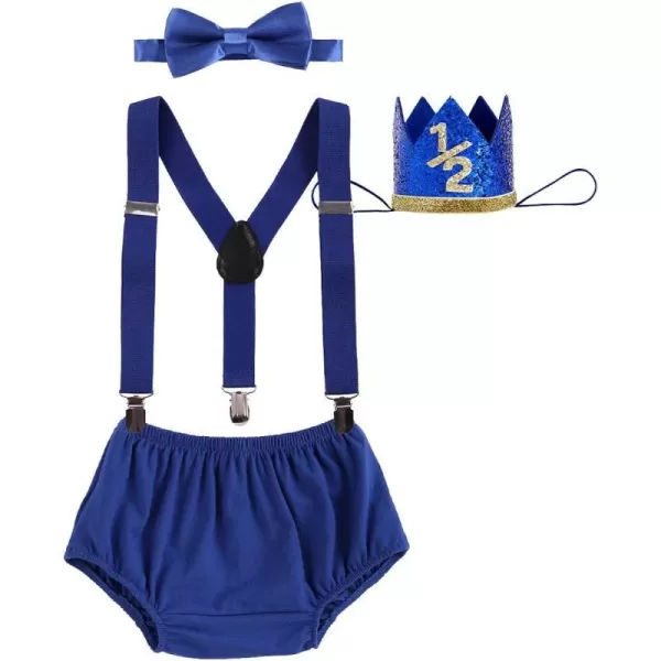 IDOPIP My 12 Birthday Outfit Boy Baby Half Way to One Cake Smash Photo Props Romper Suspenders Bloomers Headband Clothes SetRoyal Blue  12 Birthday