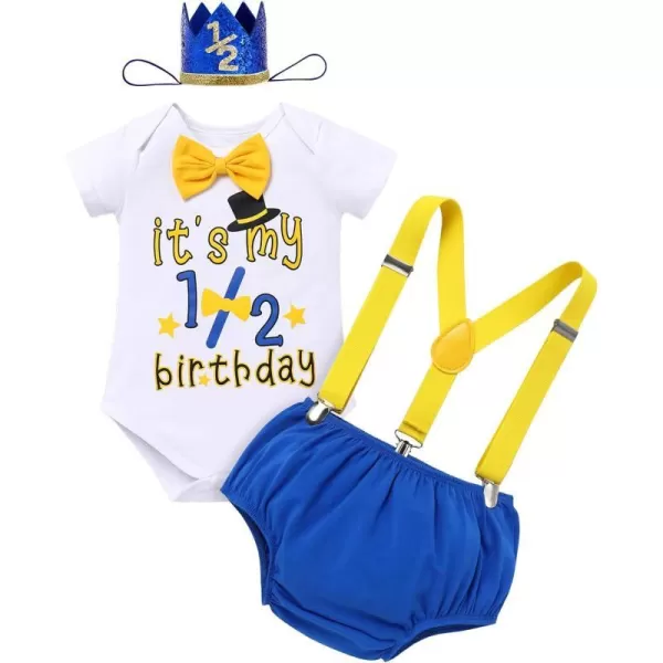 IDOPIP My 12 Birthday Outfit Boy Baby Half Way to One Cake Smash Photo Props Romper Suspenders Bloomers Headband Clothes SetRoyal Blue