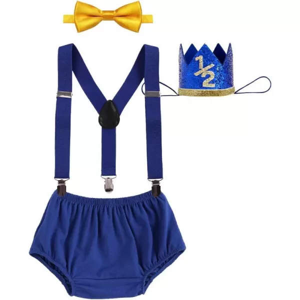 IDOPIP My 12 Birthday Outfit Boy Baby Half Way to One Cake Smash Photo Props Romper Suspenders Bloomers Headband Clothes SetRoyal Blueyellow  12 Birthday