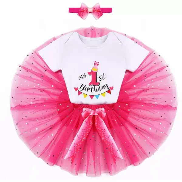 IDOPIP My 1st 2nd 3rd Birthday Girl Outfit Baby Romper Shirt Tutu Skirt Headband 3PCS Clothes Set for Cake Smash Photo PropHot Pink  1st Birthday