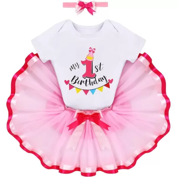 IDOPIP My 1st 2nd 3rd Birthday Girl Outfit Baby Romper Shirt Tutu Skirt Headband 3PCS Clothes Set for Cake Smash Photo PropPink  1st Birthday