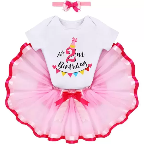 IDOPIP My 1st 2nd 3rd Birthday Girl Outfit Baby Romper Shirt Tutu Skirt Headband 3PCS Clothes Set for Cake Smash Photo PropPink  2nd Birthday