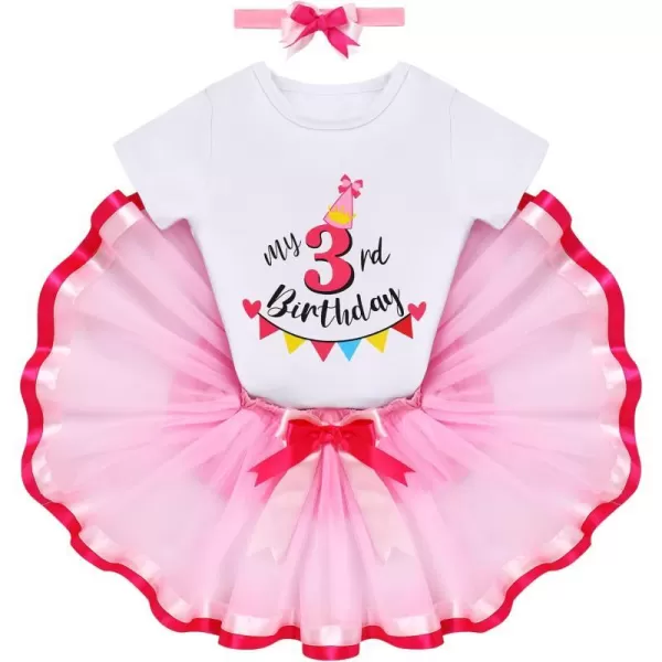 IDOPIP My 1st 2nd 3rd Birthday Girl Outfit Baby Romper Shirt Tutu Skirt Headband 3PCS Clothes Set for Cake Smash Photo PropPink  3rd Birthday