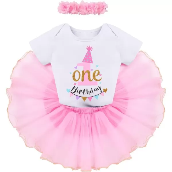 IDOPIP My 1st 2nd 3rd Birthday Girl Outfit Baby Romper Shirt Tutu Skirt Headband 3PCS Clothes Set for Cake Smash Photo PropPink One  1st Birthday