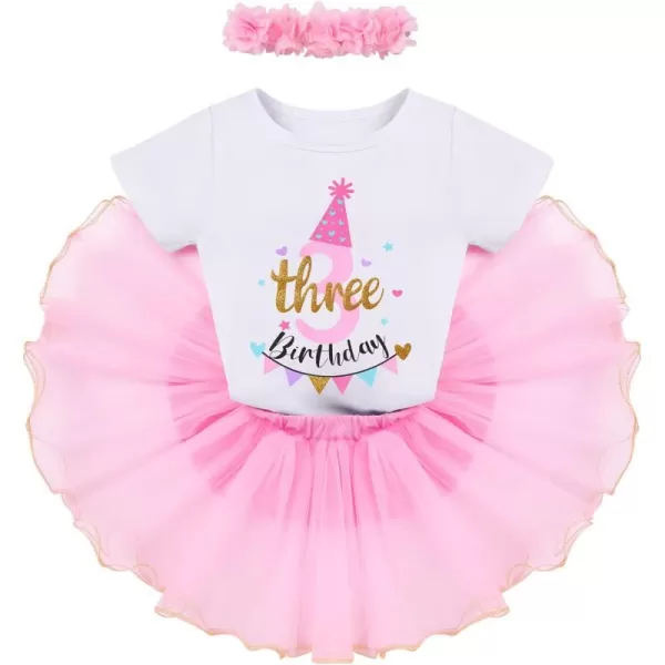 IDOPIP My 1st 2nd 3rd Birthday Girl Outfit Baby Romper Shirt Tutu Skirt Headband 3PCS Clothes Set for Cake Smash Photo PropPink Three  3rd Birthday