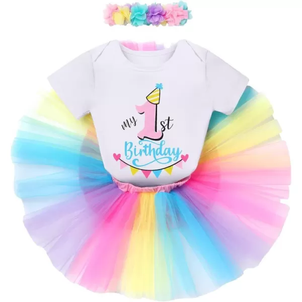 IDOPIP My 1st 2nd 3rd Birthday Girl Outfit Baby Romper Shirt Tutu Skirt Headband 3PCS Clothes Set for Cake Smash Photo PropRainbow  1st Birthday