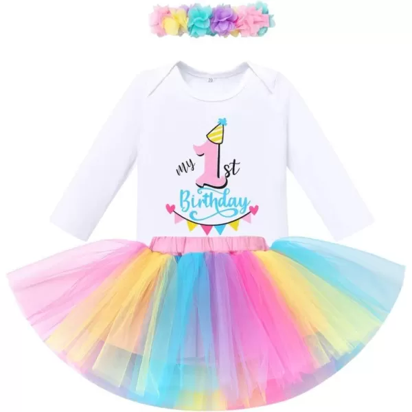 IDOPIP My 1st 2nd 3rd Birthday Girl Outfit Baby Romper Shirt Tutu Skirt Headband 3PCS Clothes Set for Cake Smash Photo PropRainbow  1st Birthday Long Sleeve