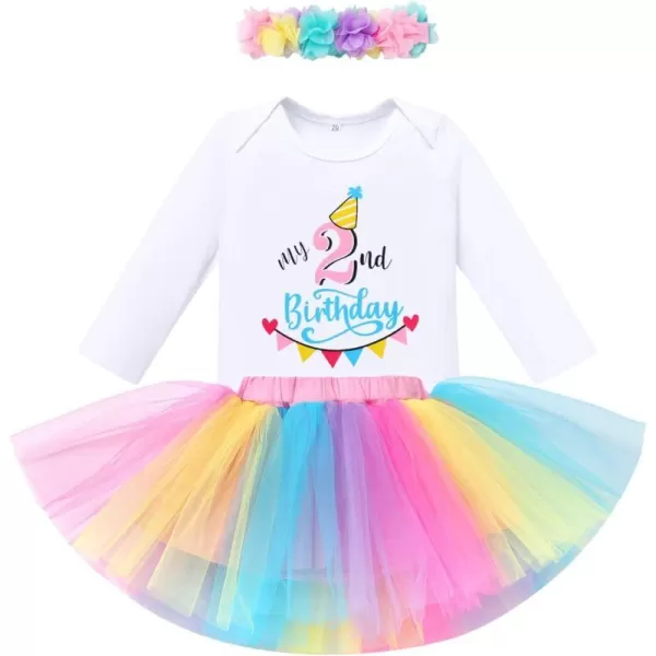 IDOPIP My 1st 2nd 3rd Birthday Girl Outfit Baby Romper Shirt Tutu Skirt Headband 3PCS Clothes Set for Cake Smash Photo PropRainbow  2nd Birthday Long Sleeve