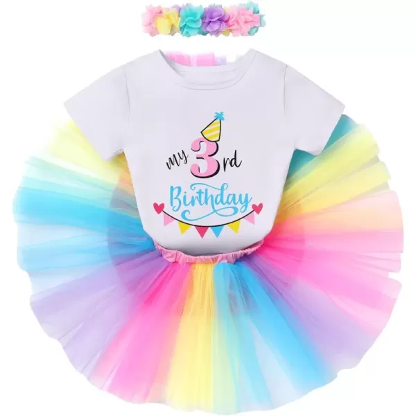 IDOPIP My 1st 2nd 3rd Birthday Girl Outfit Baby Romper Shirt Tutu Skirt Headband 3PCS Clothes Set for Cake Smash Photo PropRainbow  3rd Birthday