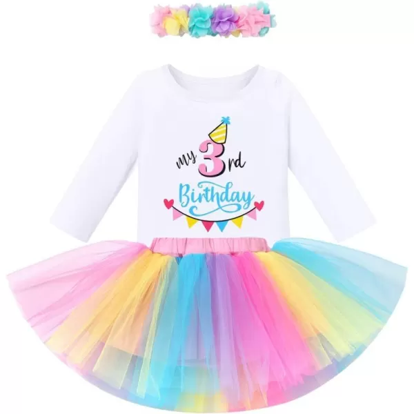 IDOPIP My 1st 2nd 3rd Birthday Girl Outfit Baby Romper Shirt Tutu Skirt Headband 3PCS Clothes Set for Cake Smash Photo PropRainbow  3rd Birthday Long Sleeve