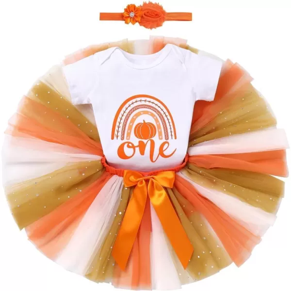 IDOPIP My First Halloween Outfit Baby Girls Pumpkin Romper Tutu Skirt Headband 3PCS Clothes Set for Party Dress up CostumeOrange Pumpkin  Rainbow