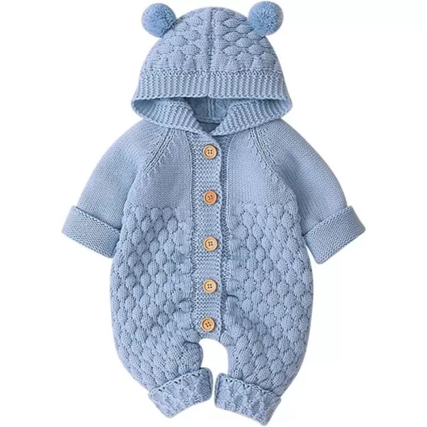 IDOPIP Newborn Baby Bear Ear Hooded Knit Romper Jumpsuit Overall One Piece Bodysuit for Boy Girl Warm Sweater Outerwear 024MBlue