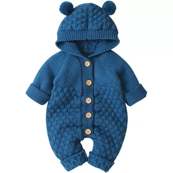 IDOPIP Newborn Baby Bear Ear Hooded Knit Romper Jumpsuit Overall One Piece Bodysuit for Boy Girl Warm Sweater Outerwear 024MDark Blue