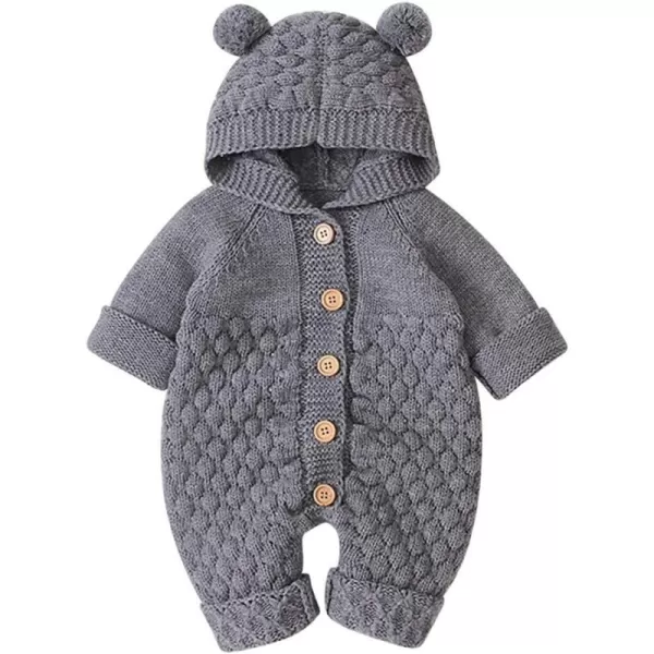 IDOPIP Newborn Baby Bear Ear Hooded Knit Romper Jumpsuit Overall One Piece Bodysuit for Boy Girl Warm Sweater Outerwear 024MGray