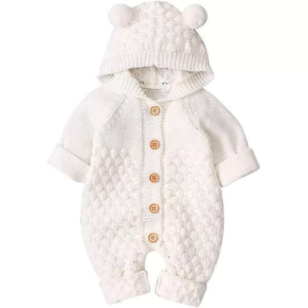 IDOPIP Newborn Baby Bear Ear Hooded Knit Romper Jumpsuit Overall One Piece Bodysuit for Boy Girl Warm Sweater Outerwear 024MIvory