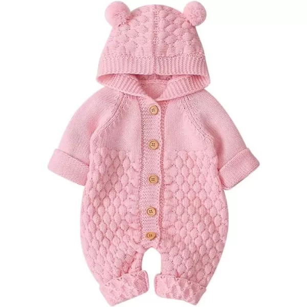 IDOPIP Newborn Baby Bear Ear Hooded Knit Romper Jumpsuit Overall One Piece Bodysuit for Boy Girl Warm Sweater Outerwear 024MPink