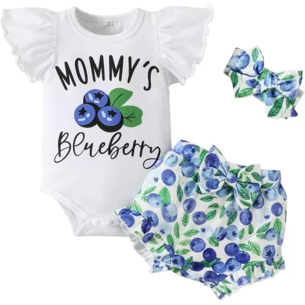 IDOPIP Newborn Baby Girls Clothes Ruffles Sleeve Romper  Fruit Floral Bottoms Shorts  Headband 3PCS Summer Birthday OutfitsBlue Blueberry