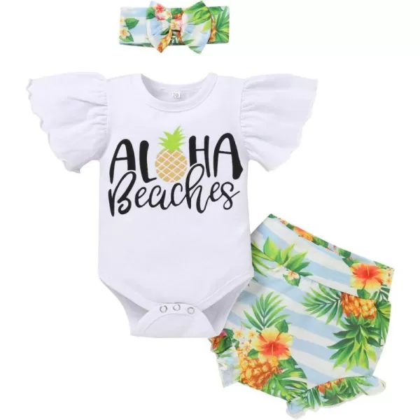 IDOPIP Newborn Baby Girls Clothes Ruffles Sleeve Romper  Fruit Floral Bottoms Shorts  Headband 3PCS Summer Birthday OutfitsGreen Pineapple