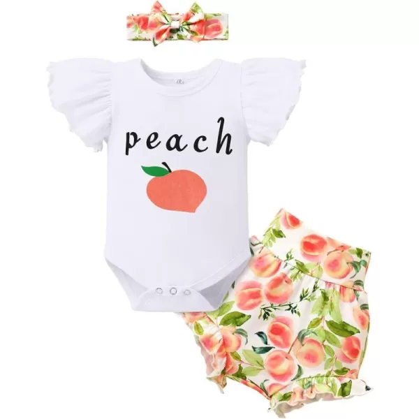 IDOPIP Newborn Baby Girls Clothes Ruffles Sleeve Romper  Fruit Floral Bottoms Shorts  Headband 3PCS Summer Birthday OutfitsPeach