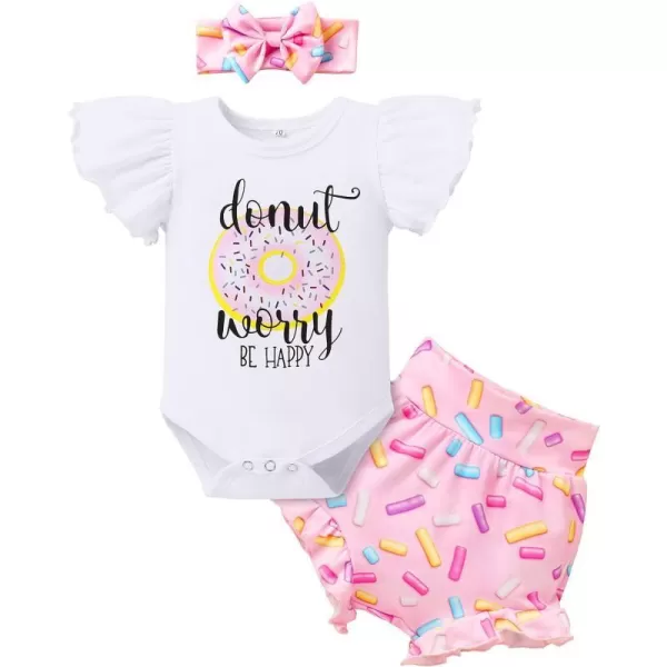 IDOPIP Newborn Baby Girls Clothes Ruffles Sleeve Romper  Fruit Floral Bottoms Shorts  Headband 3PCS Summer Birthday OutfitsPink Donuts