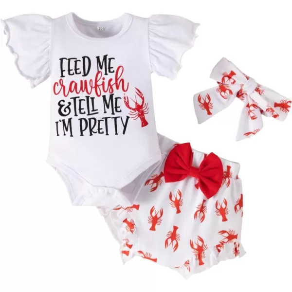 IDOPIP Newborn Baby Girls Clothes Ruffles Sleeve Romper  Fruit Floral Bottoms Shorts  Headband 3PCS Summer Birthday OutfitsRed Crawfish