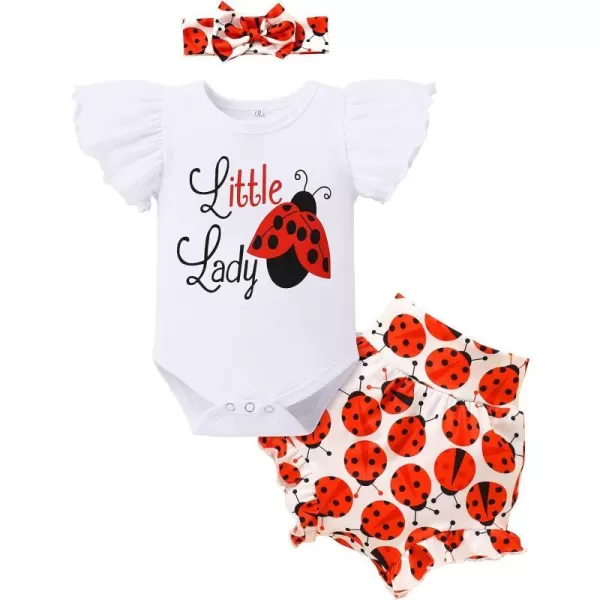 IDOPIP Newborn Baby Girls Clothes Ruffles Sleeve Romper  Fruit Floral Bottoms Shorts  Headband 3PCS Summer Birthday OutfitsRed Ladybug