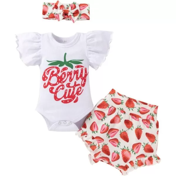 IDOPIP Newborn Baby Girls Clothes Ruffles Sleeve Romper  Fruit Floral Bottoms Shorts  Headband 3PCS Summer Birthday OutfitsRed Strawberry