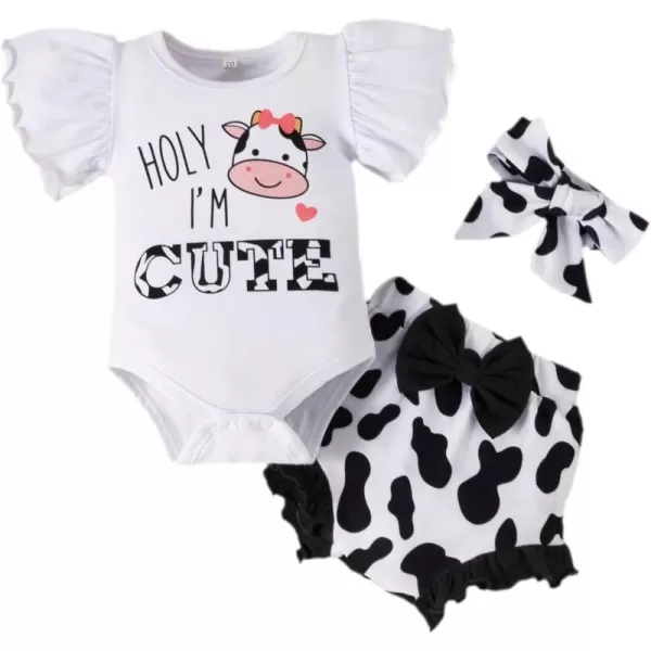 IDOPIP Newborn Baby Girls Clothes Ruffles Sleeve Romper  Fruit Floral Bottoms Shorts  Headband 3PCS Summer Birthday OutfitsWhite  Holy Cow