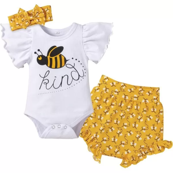 IDOPIP Newborn Baby Girls Clothes Ruffles Sleeve Romper  Fruit Floral Bottoms Shorts  Headband 3PCS Summer Birthday OutfitsYellow Bee