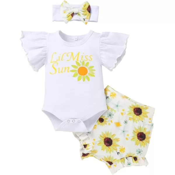 IDOPIP Newborn Baby Girls Clothes Ruffles Sleeve Romper  Fruit Floral Bottoms Shorts  Headband 3PCS Summer Birthday OutfitsYellow Sunflower