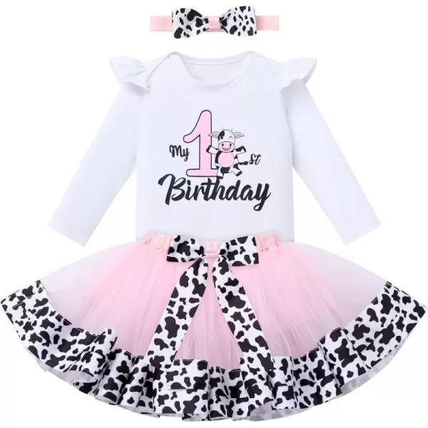 IDOPIP Pink Cow 1st Birthday Outfit for Baby Girls Cake Smash Long Sleeve Romper Tutu Skirt Headband Bowknot Dress up CostumePink  1st Birthday