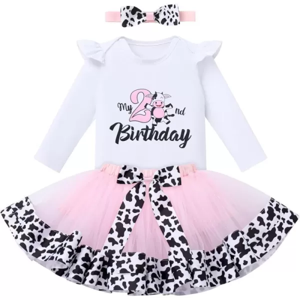 IDOPIP Pink Cow 1st Birthday Outfit for Baby Girls Cake Smash Long Sleeve Romper Tutu Skirt Headband Bowknot Dress up CostumePink  2nd Birthday