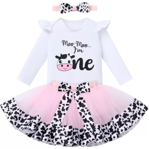 IDOPIP Pink Cow 1st Birthday Outfit for Baby Girls Cake Smash Long Sleeve Romper Tutu Skirt Headband Bowknot Dress up CostumePink  One