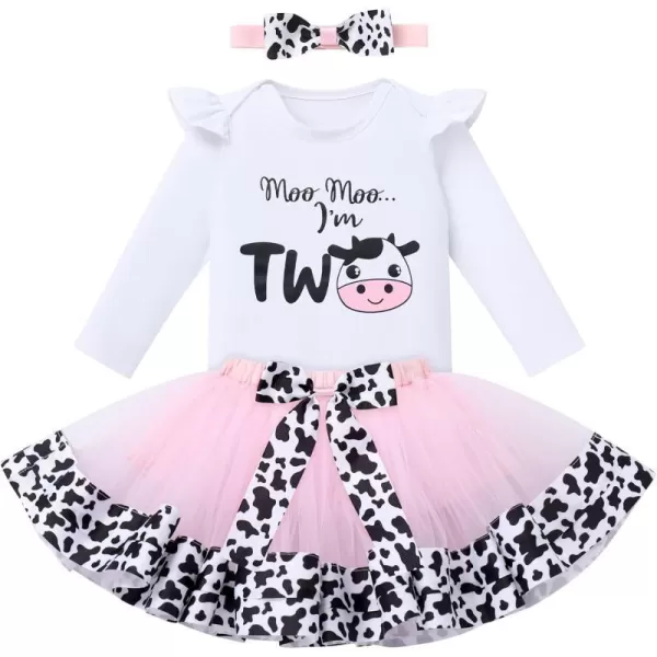 IDOPIP Pink Cow 1st Birthday Outfit for Baby Girls Cake Smash Long Sleeve Romper Tutu Skirt Headband Bowknot Dress up CostumePink  Two