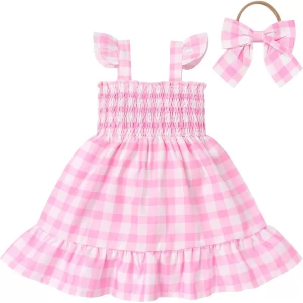 IDOPIP Pink Plaid Dress for Baby Girl Toddler Summer Sleeveless Princess Birthday Party Gingham Dress Sister Matching ClothesPink Dress