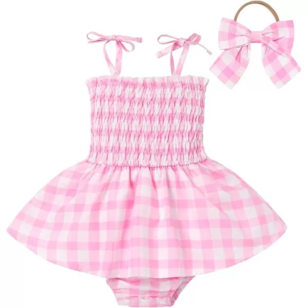 IDOPIP Pink Plaid Dress for Baby Girl Toddler Summer Sleeveless Princess Birthday Party Gingham Dress Sister Matching ClothesPink Romper