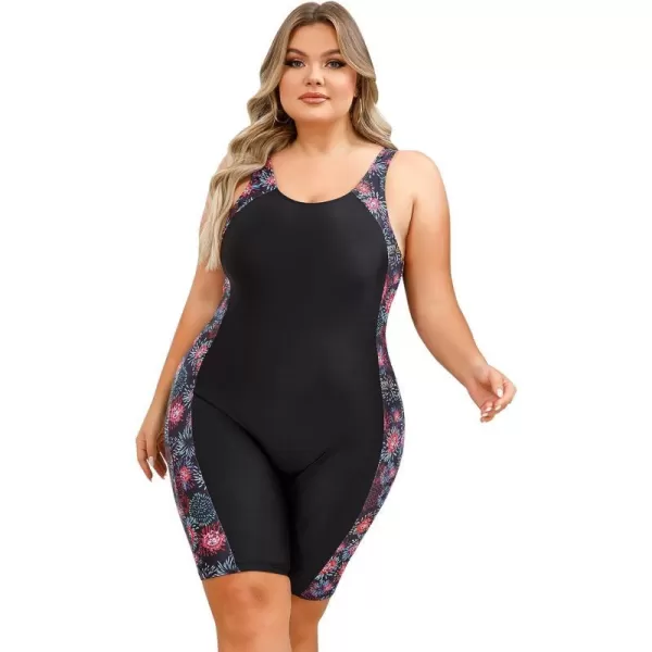 IDOPIP Plus Size One Piece Swimsuit for Women Tummy Control Bathing Suit Sun Protection UPF 50 Rash Guard Surfing SwimwearBlack  Firework