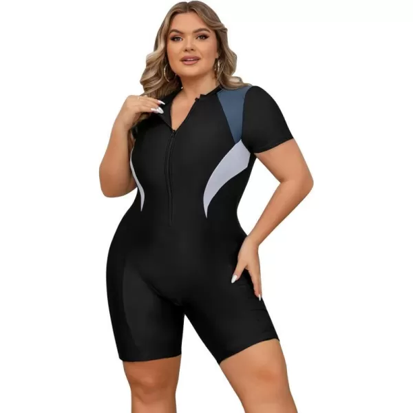 IDOPIP Plus Size One Piece Swimsuit for Women Tummy Control Bathing Suit Sun Protection UPF 50 Rash Guard Surfing SwimwearBlack  Gray