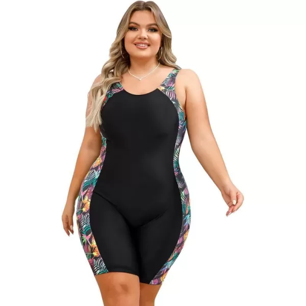 IDOPIP Plus Size One Piece Swimsuit for Women Tummy Control Bathing Suit Sun Protection UPF 50 Rash Guard Surfing SwimwearBlack  Leaves